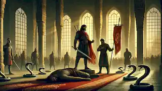 Kaveh and Fereydun stand victorious in the throne room after Zahhak’s defeat, holding the banner high.