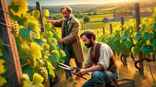 Wilhelm and Henri work together in a sunlit vineyard amidst rows of grapevines in 19th-century Strasbourg.