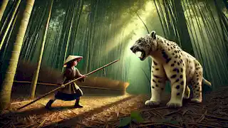 Shepherdess confronting a leopard alongside a protective white bear in a bamboo forest