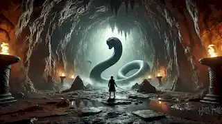  Harry faces a large serpent in a dimly lit underground cavern, holding a sword.