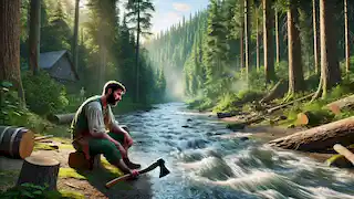 The woodcutter sits by the river, distraught as his axe sinks into the fast-flowing water, surrounded by a lush forest.