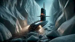 The Nautilus submarine trapped beneath thick Antarctic ice, surrounded by darkness and cold water.