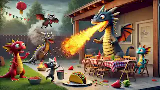 A dragon accidentally eats spicy salsa, breathing fire as other dragons react and Tom rushes with a water bucket.