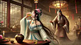 Chang'e drinks the Elixir of Immortality while Feng Meng watches angrily inside a traditional Chinese home.