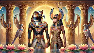 Hathor and Horus standing together by the Nile, dressed in royal Egyptian attire with golden light around them