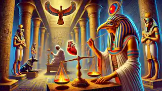 Thoth records the Weighing of the Heart ritual with Anubis adjusting scales in the Hall of Ma’at.