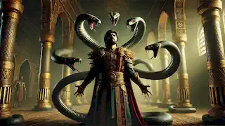 Zahhak in ornate armor with serpents emerging from his shoulders in a grand Persian palace hall.