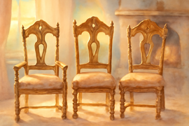Three distinct chairs inside the cottage in varying sizes.