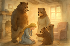 Goldilocks kneels before the three bears, apologizing inside the cozy cottage.