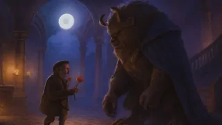The Beast emerging in a moonlit hall confronts a frightened merchant holding a red rose