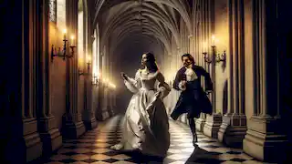 A young bride flees through a dark corridor, clutching a necklace as the marquis chases her in a dimly lit castle.