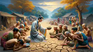 Ming shares food with starving villagers in a drought-stricken village during the Trial of Compassion.