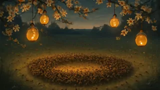 A vast ring of bees rallying under honey-lantern illumination