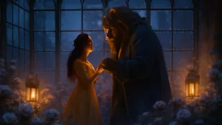 Belle and the Beast sharing a moment in the castle's secret winter garden