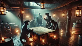 Uma tripulação de piratas reunida sob a luz de uma lanterna, planejando uma mutinada ao redor de um mapa do tesouro rasgado.