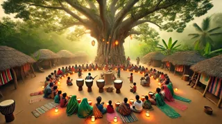 Dorfbewohner feiern die Gemeinschaft unter dem Baobab-Altar mit gemeinsamen Schalen Haferbrei.