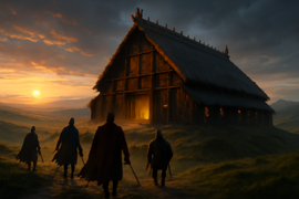 Beowulf und seine Krieger stehen vor der großen Holzhalle von Heorot unter einem mondbeschienenen Himmel.