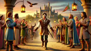 Askeladden returns to his kingdom with his seven brothers, greeted by a cheering crowd.