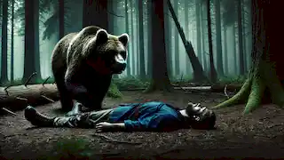 Sam lies still on the forest floor as a bear sniffs him, creating an intense and suspenseful moment.