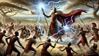 Mwindo leading the charge against Shemwindo’s army in a heroic battle amidst an open field and forest.