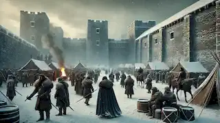 Winterfell courtyard during winter, Northern soldiers prepare for an upcoming battle, with snow covering the ground.