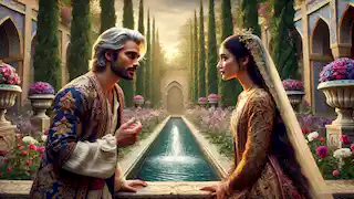 Zal and Rudabeh meet for the first time in a Persian garden, standing near a flowing fountain at dusk.