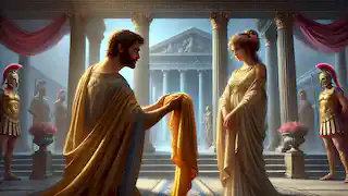 Medea hands Glauce a cursed robe, while Jason watches from a distance, torn between loyalty and ambition.