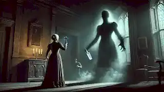 Mrs. Skegg holds a cross and holy water in a dark room as she faces the shadow growing in the corner.