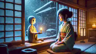 Aiko sitting by a window in winter, receiving a wooden figure from the glowing Zashiki-warashi.