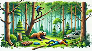 Two travelers in a forest, with one climbing a tree to escape a bear, while the other pretends to be dead.