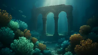 A submersível Aurora deslizando por uma floresta de coral brilhante iluminada por criaturas marinhas bioluminescentes
