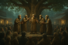 A crowded bazaar debate under a banyan tree as six blind men and onlookers clash over what the elephant truly is