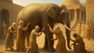 Detailed depiction of blind men touching different parts of an elephant: flank, tusk, trunk, leg, underbelly, and tail