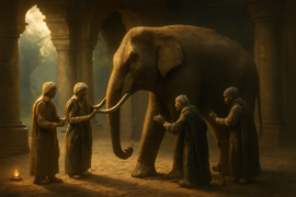 Blind men forming a circle around the elephant, each touching a different part as they move