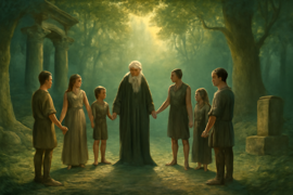 Blind men and villagers standing hand in hand in a forest clearing, united in shared understanding