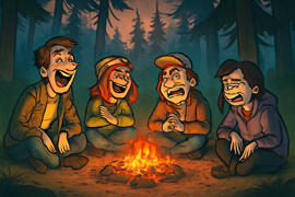 Friends gathered around a campfire sharing stories of the Boo Hog