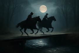 Um homem assustado, a cavalo, atravessando uma ponte estreita sob a luz da lua.