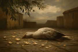 Coquille vide d'oie et morceaux d'œuf d'or brisé