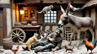 Inside a rustic house, a robber is attacked by a cat scratching his face, a dog biting his leg, and a donkey about to kick him.