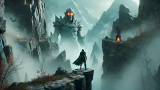 Elara stands on a mountain ledge, facing a massive stone-skinned Guardian emerging from the fog in the Mountains of Mourning.