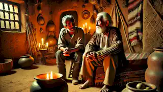 An elderly village elder in a candlelit room discussing the Chupacabra with a young farmer