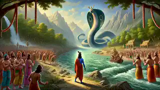 Kaliya serpent bows in submission, leaving the Yamuna River while Krishna stands victorious on the riverbank.