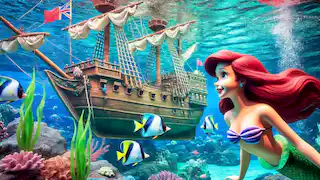 Ariel the mermaid princess swimming near the surface, gazing at a ship adorned with colorful flags.