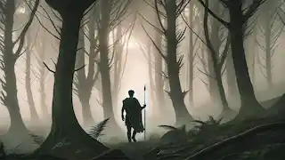 Finn MacCool walking into a misty forest at dawn, holding a spear, his figure blending with the fog and ancient trees.