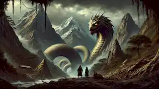 Lituche and Kuyén face the massive earth serpent, Tren Tren, coiled around a dark and stormy mountain landscape