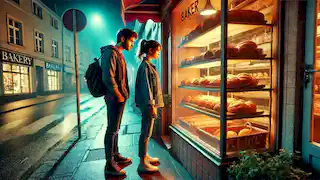 A couple stands outside a bakery, peering inside through the window at freshly baked loaves of bread