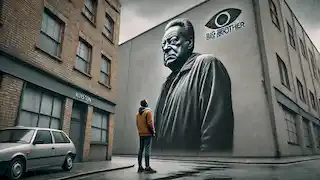 Winston looking up at a giant poster of Big Brother with a defeated expression, standing alone on a bleak street.