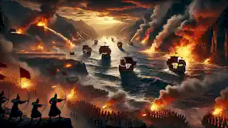 Cao Cao’s fleet is engulfed in flames on the Yangtze River during the Battle of Red Cliffs