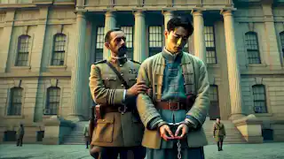 Yu Tsun, in handcuffs, is arrested by Captain Madden outside a grand building in the early morning light.