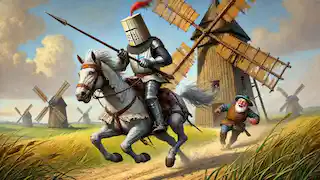 The Knight charging at a windmill with his lance, while The Squire watches in horror.